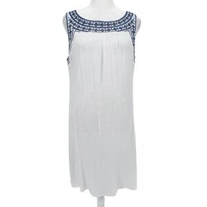 Luxology Shift Dress Womens Medium White Blue Embroidered Sequin Sleeveless Boho